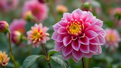 Stunning Pink and Yellow Dahlia Flower in Full Bloom with Blurred Background - Detailed Close-up Photography