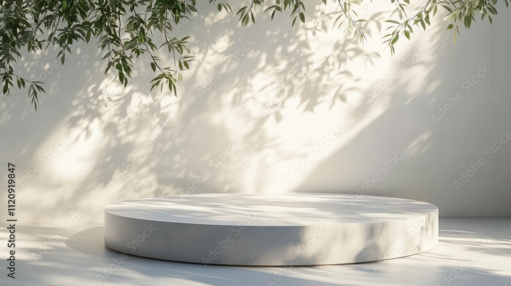 Poster minimalist circular platform with dappled sunlight and leaf shadows on white surface for organic bea