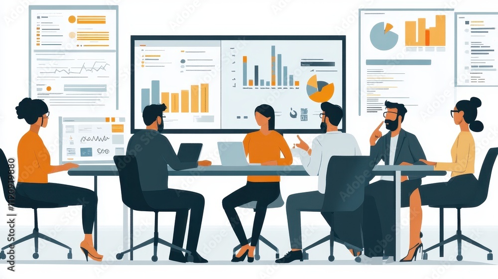 Poster team analyzes data on large screens. illustrates collaboration & data-driven decision-making.