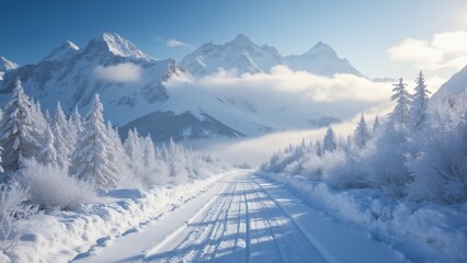 Serene Winter Wonderland, Snow-Covered Mountains, Path Through Frosty Trees, Tranquil Snowy Landscape