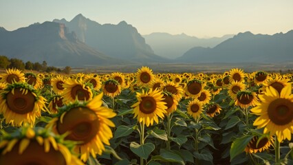 Fototapeta premium Stunning Sunflower Field at Sunset with Majestic Mountain Background, A breathtaking landscape photo of a vast field of sunflowers, blooming vibrantly against a backdrop of majestic