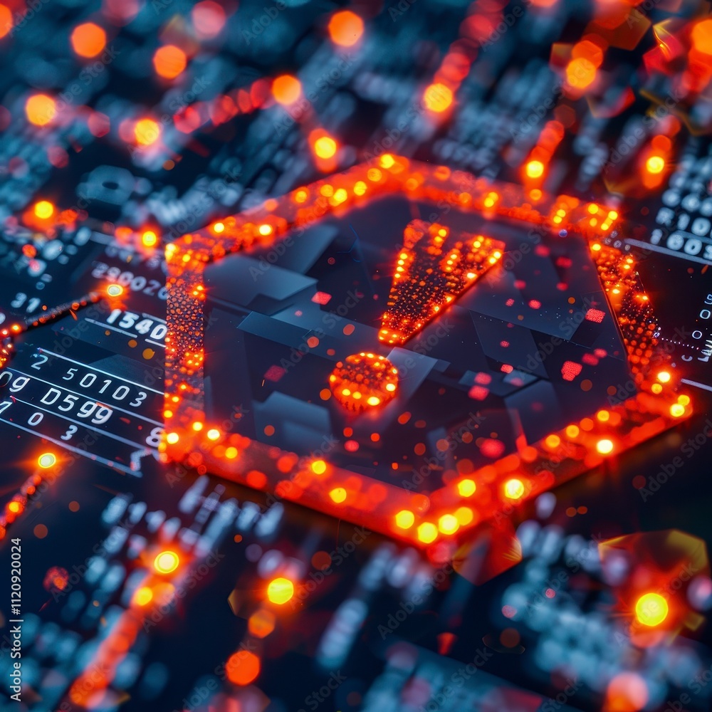 Poster glowing exclamation mark on circuit board digital warning alert error concept