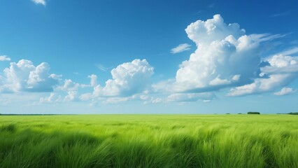 Obraz premium Serene Russian Landscape, Vibrant Green Field Under a Blue Sky with Puffy White Clouds - Idyllic Nature Photography