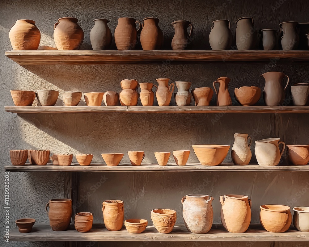 Poster an array of handcrafted pottery displayed on wooden shelves, showcasing various shapes and textures 