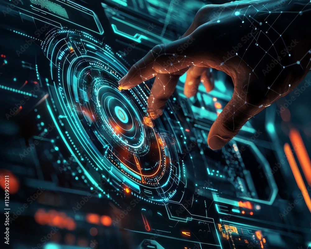 Poster a close-up of a person's hand interacting with a futuristic digital interface, featuring vibrant neo
