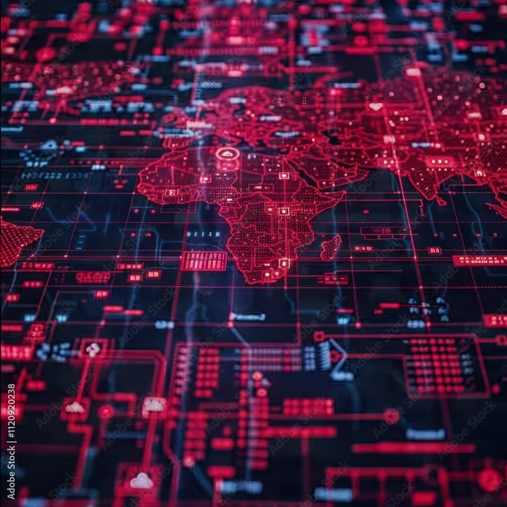 Poster global network data flow red digital world map