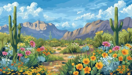 A vibrant desert landscape filled with colorful flowers and cacti.