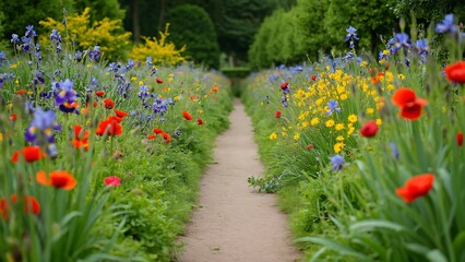 Vibrant Wildflower Path, English Garden Scene with Poppies and Irises