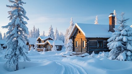 Fototapeta premium Stunning Lapland Winter Landscape, Snow-Covered Wooden Houses & Blue Sky