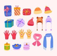 Gift and winter elements collection with colorful cartoon style. Illustration of gift box, beanie hat, winter gloves, knitted scarf, aromatherapy candle for december holiday season.