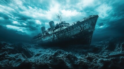 Fototapeta premium Sunken ship rests on ocean floor, shrouded in mystery. Perfect for illustrating themes of loss, adventure, or the unknown.