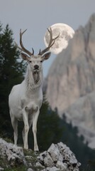 Fototapeta premium A majestic white deer with perfect antlers, on the mountain and the beautiful view of the full moon at night