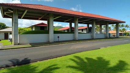Fototapeta premium Aerial View of Kailua Pavilion, Red Tile Roof, Concrete Pillars, and Lush Green Houses