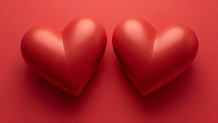 Fototapeta premium Two Red Satin Hearts on Red Background, Romantic Valentine's Day Concept