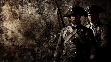 Fototapeta premium Two soldiers in historical uniforms against a textured wall 