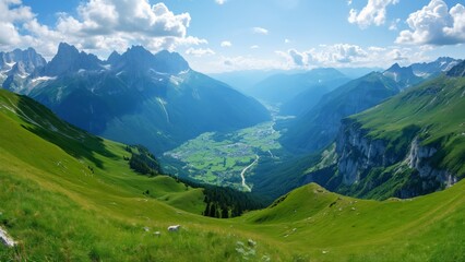 Obraz premium Stunning Panoramic View of French Alps, Lush Green Valley, Summer Landscape