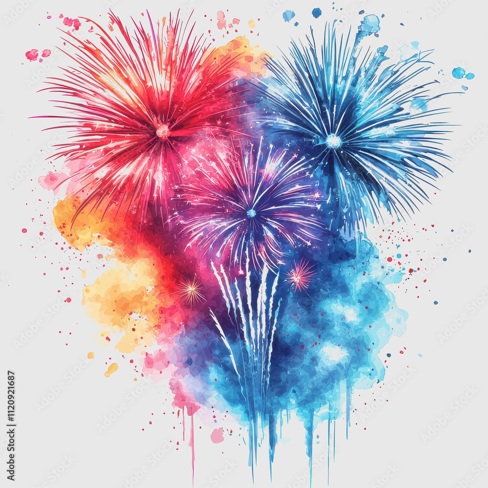 Aufkleber colorful fireworks display in bright watercolor style with explosive patterns and vibrant splashes o