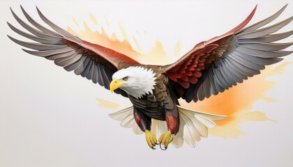 Obraz premium Majestic bald eagle in flight, wings spread wide, isolated on a white background, symbolizing strength and freedom