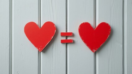 Two Red Hearts Equation, Minimalist Love Symbol on Wooden Background - Picture Book Style Illustration