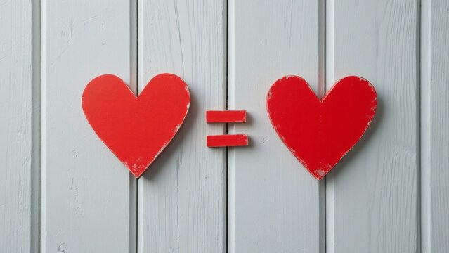 Two Red Hearts Equation, Minimalist Love Symbol on Wooden Background - Picture Book Style Illustration - Powered by Adobe
