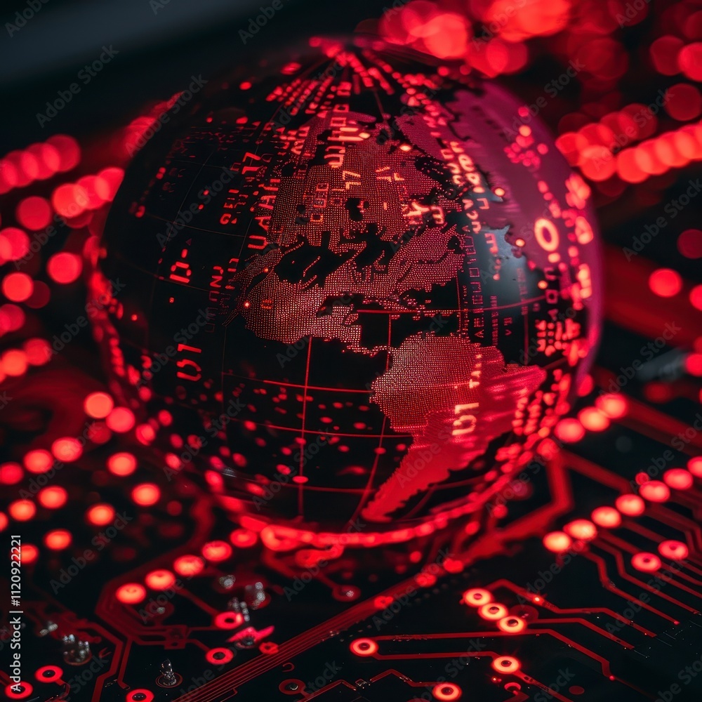 Poster global network security illuminated earth on circuit board