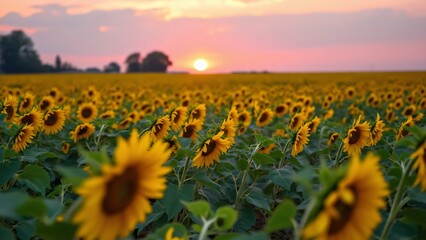 Fototapeta premium Sunset Sunflower Field, Vibrant Yellow Blooms at Golden Hour