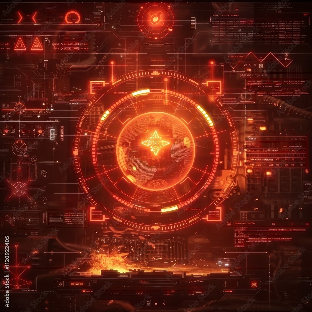 Poster futuristic hud interface global network orange tech data visualization