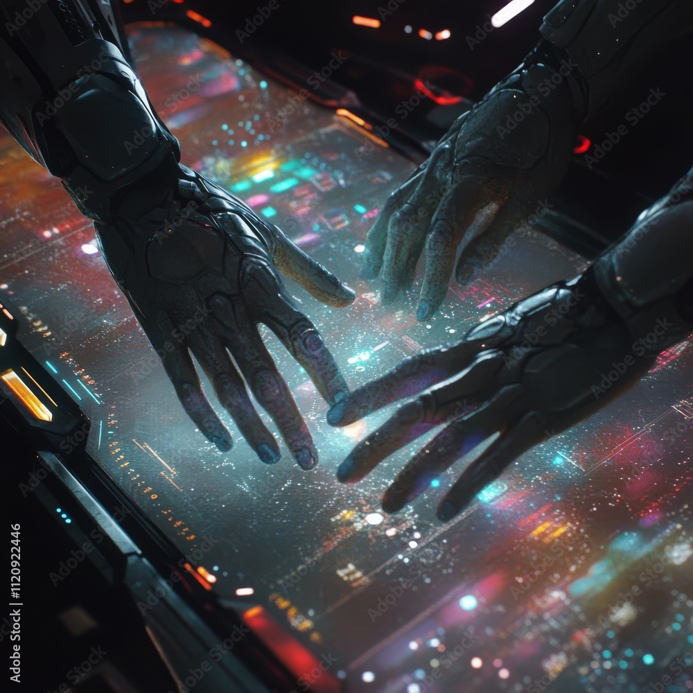 Poster futuristic robotic hands interacting with a holographic display, showcasing advanced technology and 