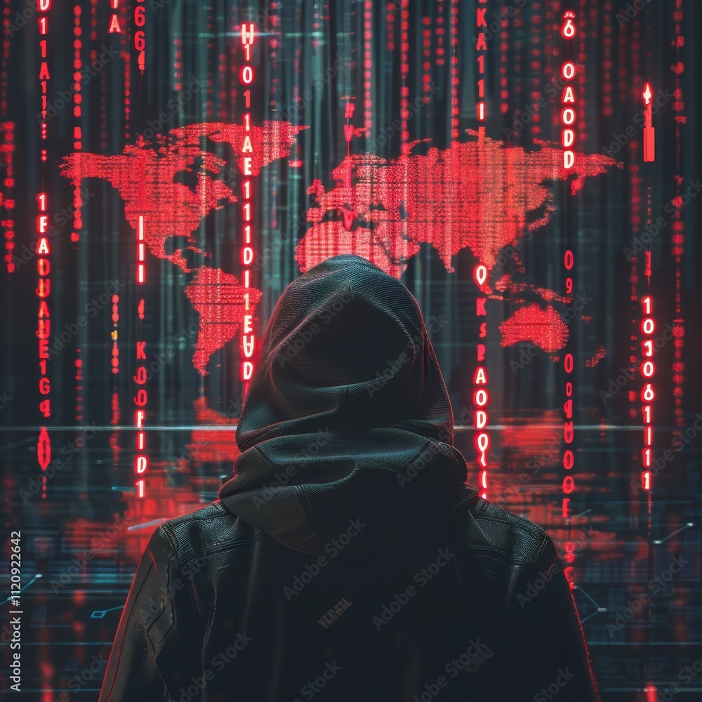 Poster anonymous hacker global cyberattack digital world red code