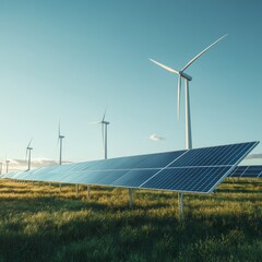Sustainable energy landscape featuring solar panels and wind turbines under a clear sky.