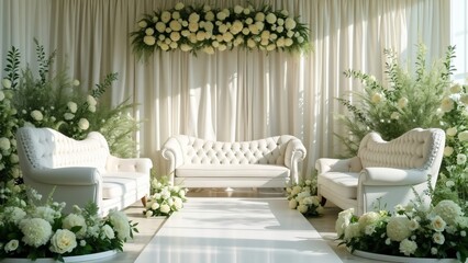 Elegant White Wedding Stage, Dreamy Green Floral Decor, White Sofas