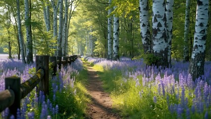 Fototapeta premium Serene Forest Path to Old Russian Village, Birch Trees, Purple Wildflowers, and Rustic Fence