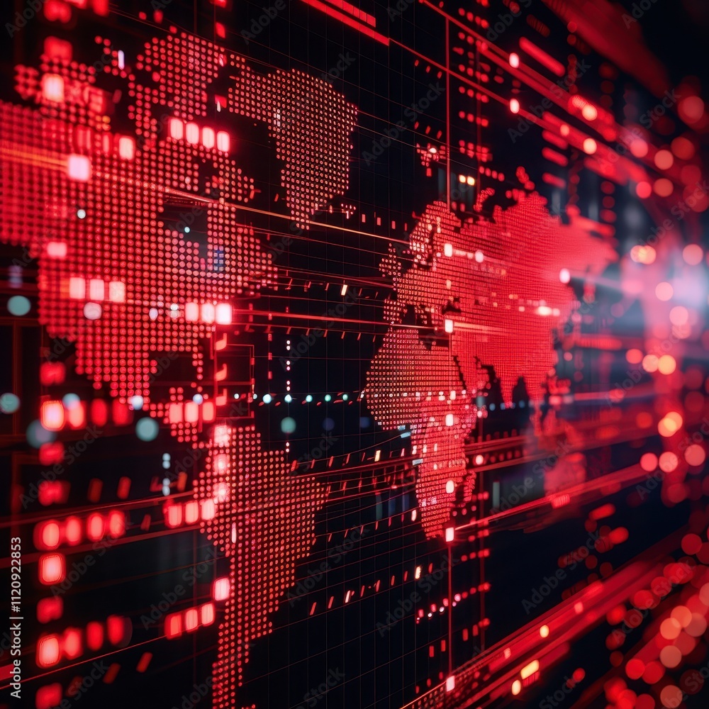 Poster global network digital world map red data flow cyber security technology background