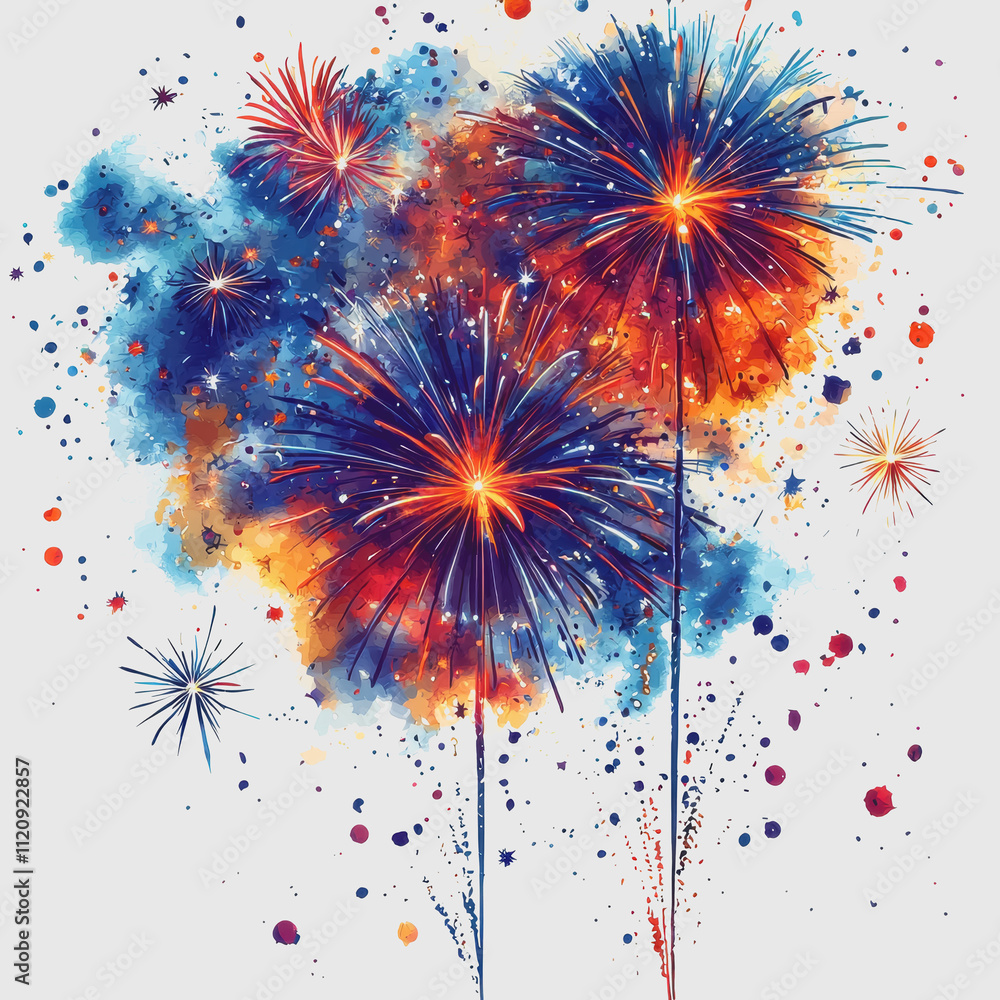 Poster vibrant fireworks display with colorful explosions and sparkling lights against a soft blue backgrou