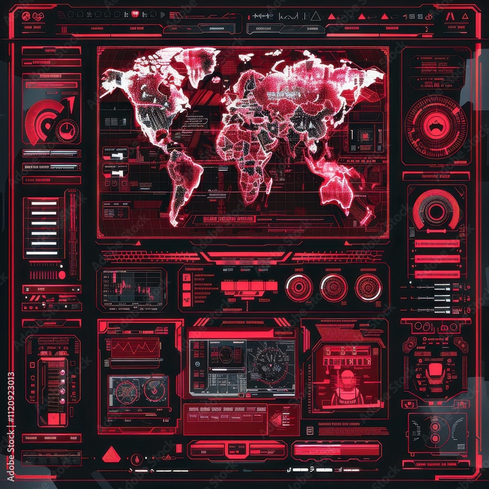 Poster global network red hud interface world map data analytics technology