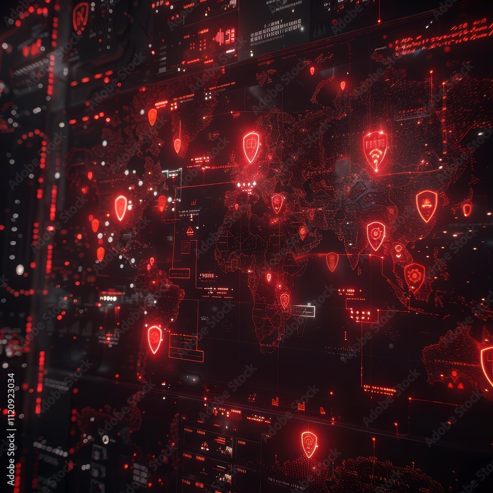 Poster global network security red alert digital map interface