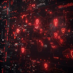 Obraz premium Global Network Security Red Alert Digital Map Interface