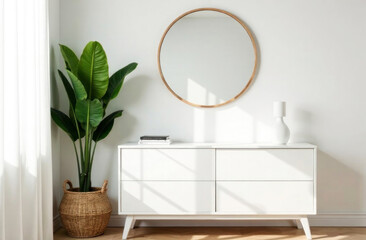 Bright and airy room showcases a white dresser, indoor plant, and round mirror bathed in natural light