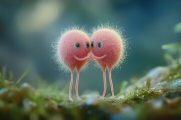 Fototapeta premium Two cute, fluffy, pink creatures sharing a tender moment in nature.