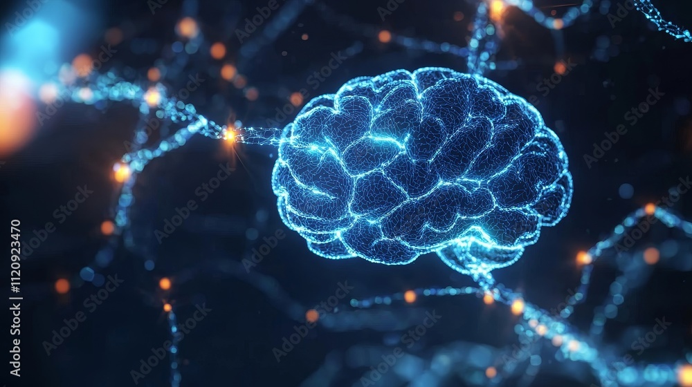 Poster neuron and brain in communication biology signal concept. digital brain network with glowing connect