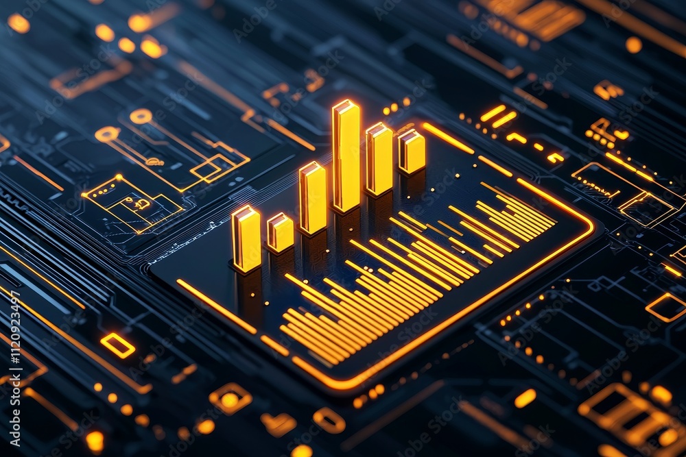 Poster digital marketing with search and seo concept. data visualization on a digital circuit background.