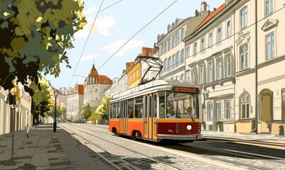 A vibrant street scene featuring a tram in an urban setting.