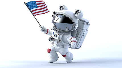 A cartoon astronaut is holding a flag in his hand