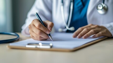Medical professional analysis concept. Doctor writing notes in a clinical setting.