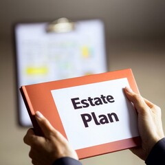 Insurance for family protection concept. Estate planning with law concept. Estate planning document in hands, clipboard in background.