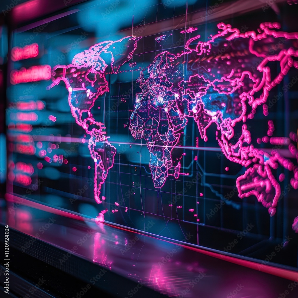 Poster Global Network Digital World Map Pink Neon Data Visualization Technology