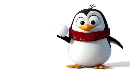 Fototapeta premium A penguin is holding a snow ball and wearing a red scarf