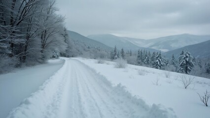 Fototapeta premium Snow Covered Road Leading to Majestic Winter Mountains, Serene Winter Landscape Photography