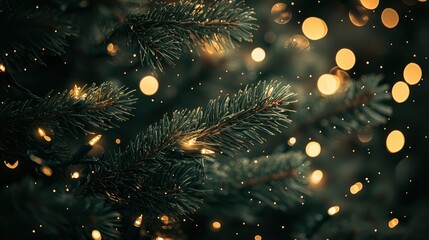 Fototapeta premium Enchanting Christmas Tree Branches with Warm Lights and Sparkling Snow