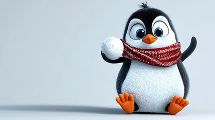 A penguin is holding a snow ball and wearing a red scarf